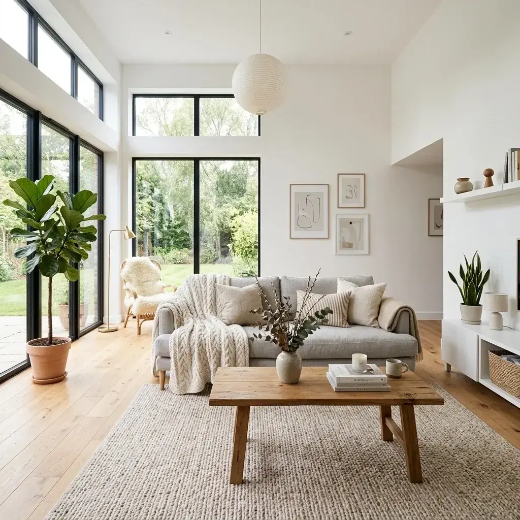 Moderní skandinávský obývací pokoj s minimalistickým nábytkem