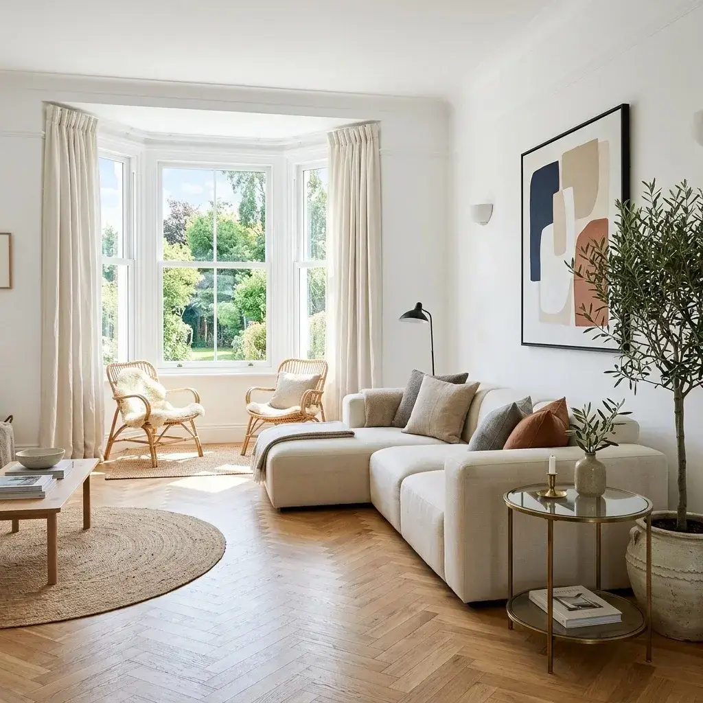 Světlý skandinávský obývací pokoj na Vinohradech